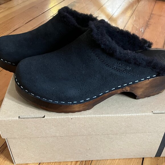 Maguba Troentorp Shearling Clogs Black Suede Oslo Winter Mules - Picture 1 of 9